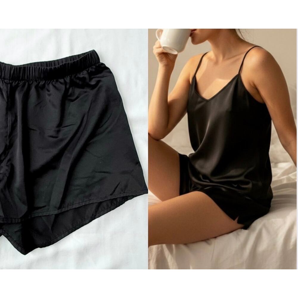 Anna Field Black Satin Pajama Shorts Elastic Waist Sleepwear Size M